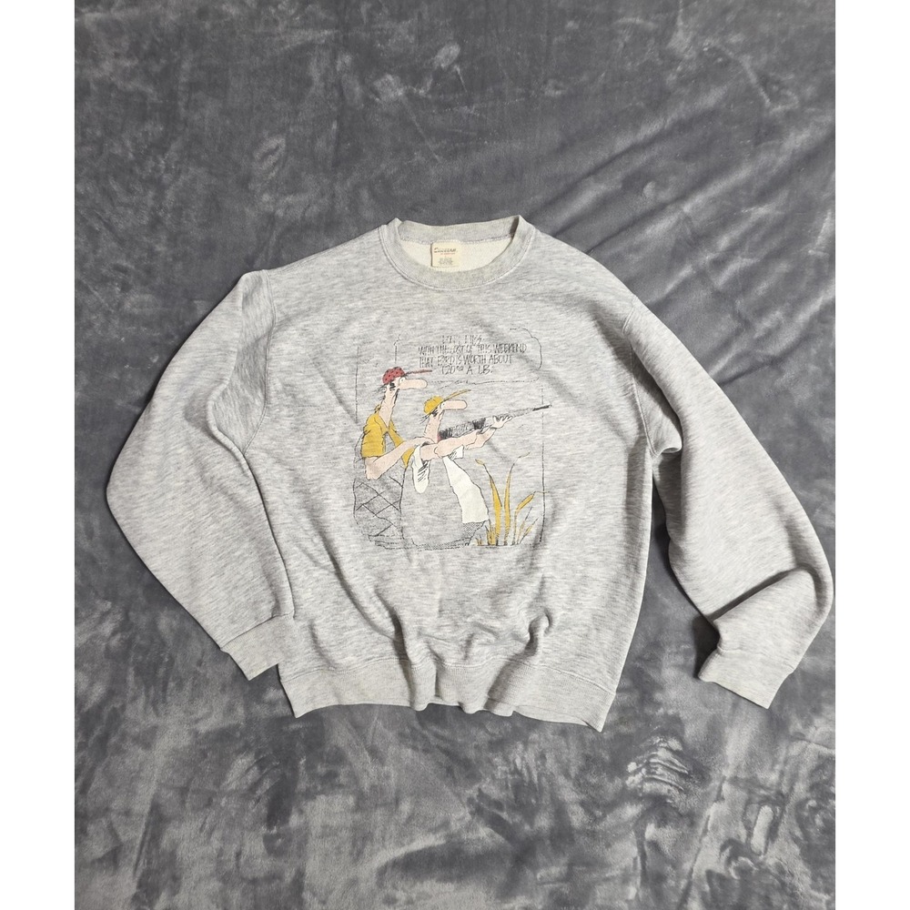 Vintage Program Sweatshirt Large Gray Funny Hunting Cartoon Graphic Fleece USA